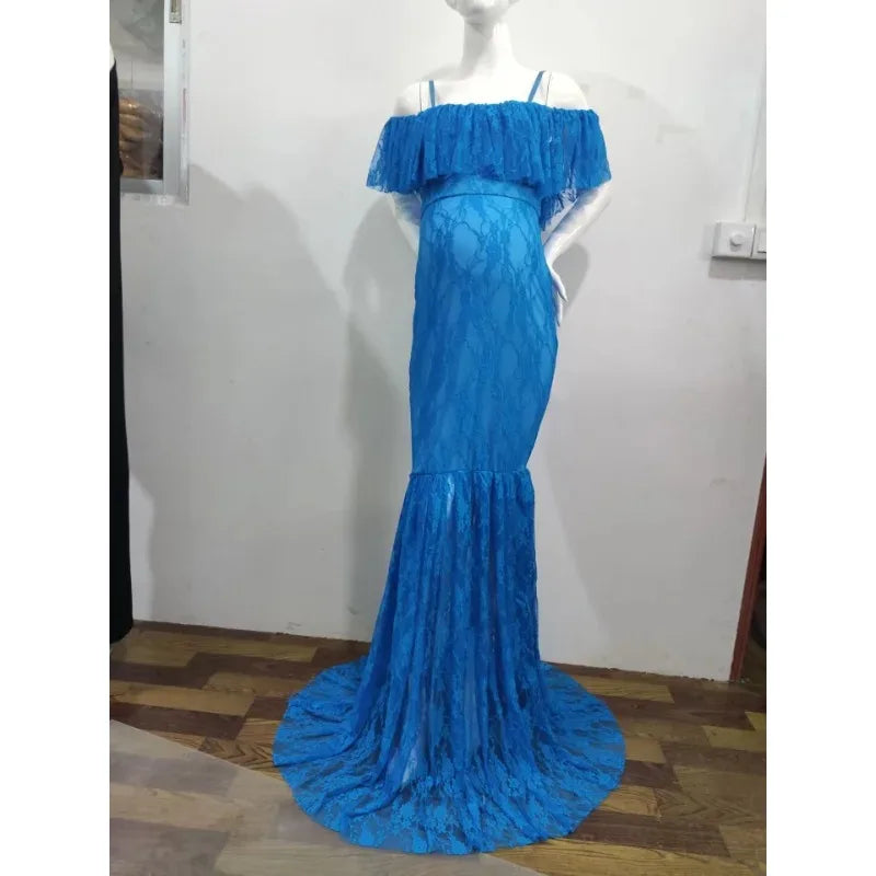 SHOWLU Maternity lace flysleeve chiffon dress for photo shoots, featuring elegant flowy fabric and delicate lace details.