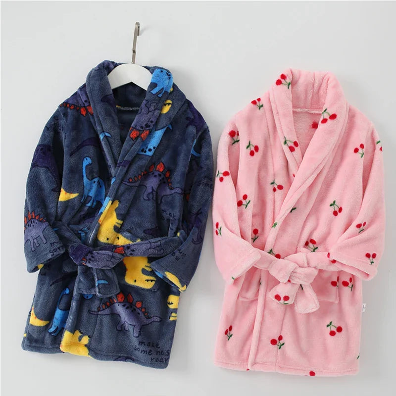 Childdkivy Kids flannel pajamas and bathrobe in soft cartoon print, suitable for children ages 4 to 16, by SHOWLU FASHION STORE.