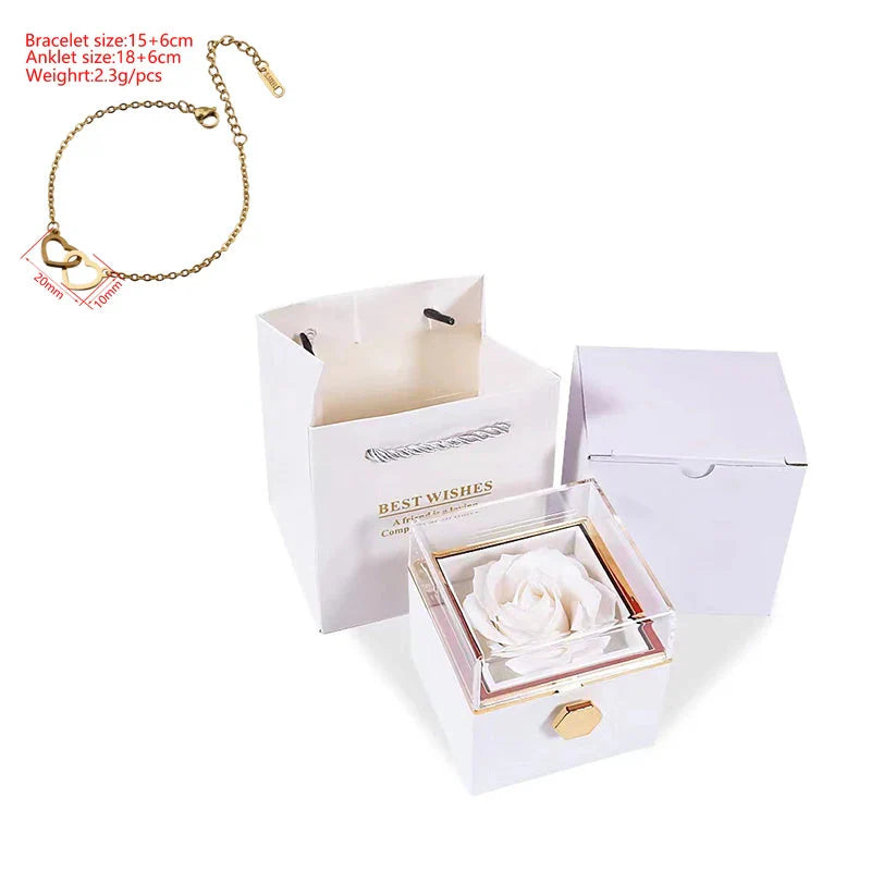 SHOWLU FASHION Double Heart Steel Bracelet with Eternal Rose Box, elegant jewelry featuring heart design and preserved rose in a decorative box.