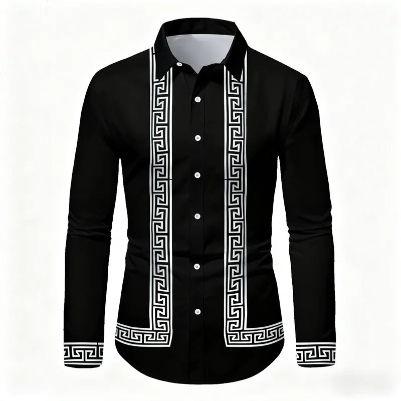 Men's retro geometric print long-sleeve shirt in black and white, slim fit, casual style, from Showlu Fashion Store.