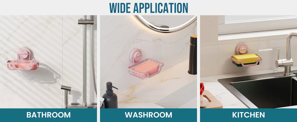 Wall mounted soap holder with drain by Showlu Smart General, featuring a sleek design for bathroom organization and mess-free soap storage.
