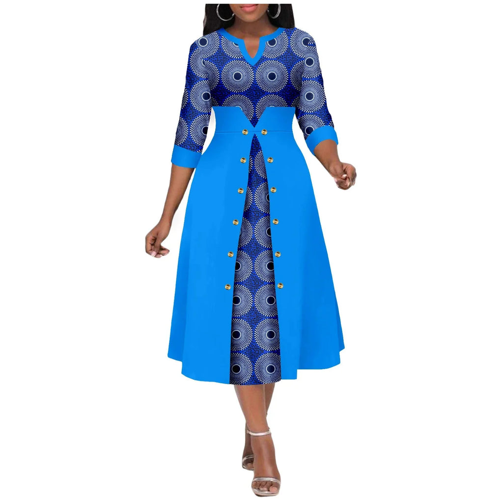 AFRIPRIDE women's Ankara print V-neck dress with cotton A-line midi skirt, showcasing vibrant African-inspired patterns and stylish design.