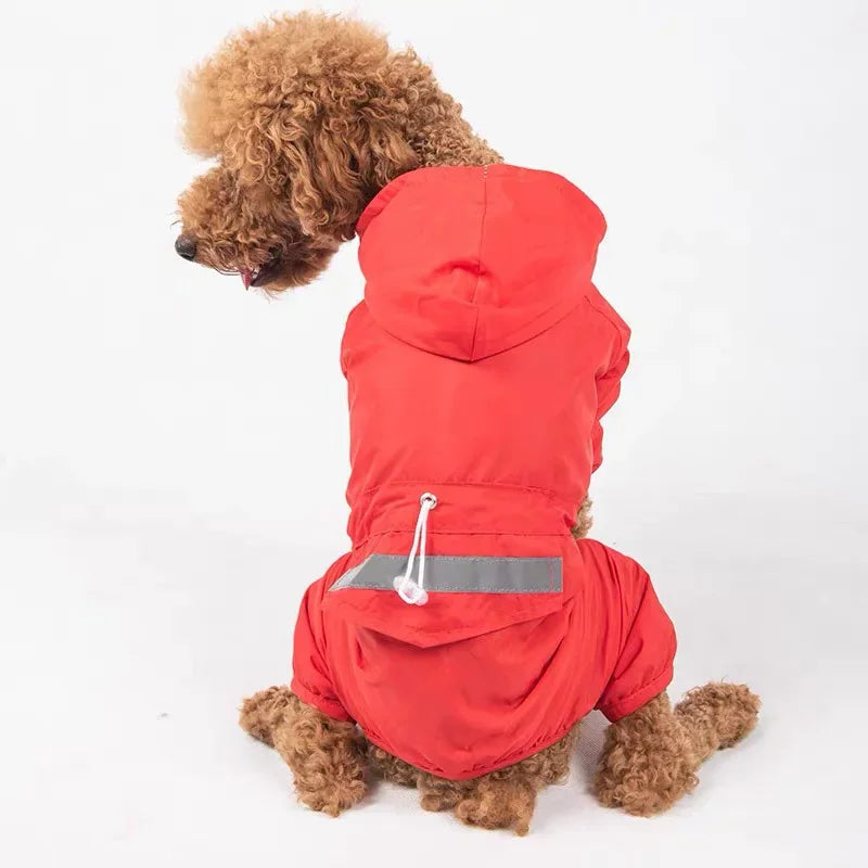 Showlu Fashion dog raincoat with hood and D-ring, waterproof pet rain jacket designed for outdoor walks in rainy weather.