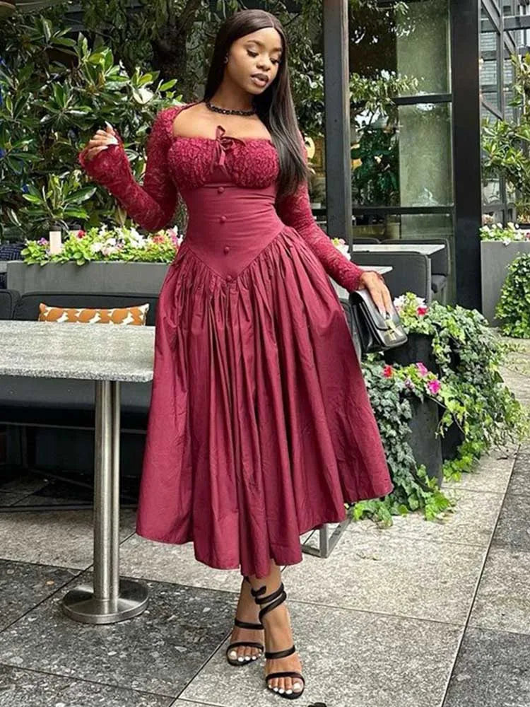 SHOWLU FASHION women's vintage lace long sleeve dress with square collar, French-inspired elegant design, perfect for stylish occasions.