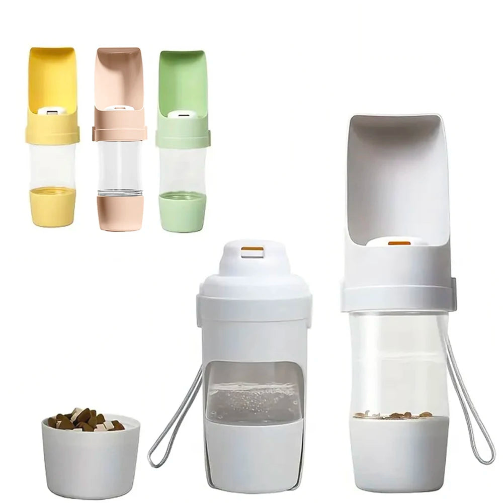 Showlu 2-in-1 portable pet travel water bottle and food container, 500ml, with a compact design for pet hydration and feeding on the go.