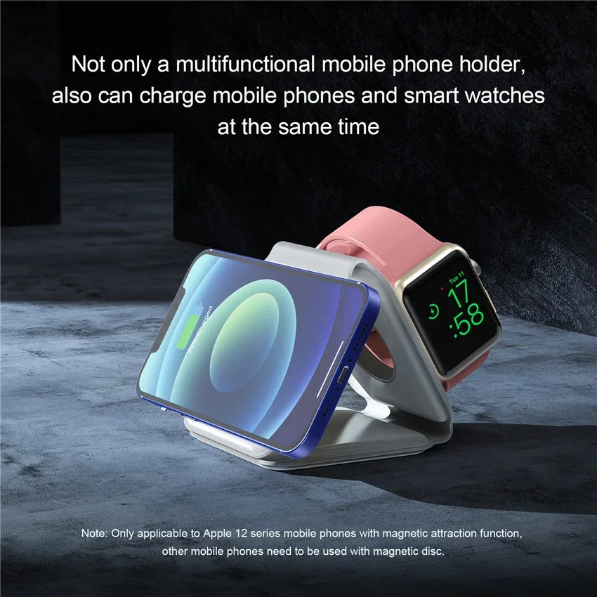 Showlu Smart General 3-in-1 wireless charging station with sleek black design for charging smartphones, earbuds, and smartwatch.
