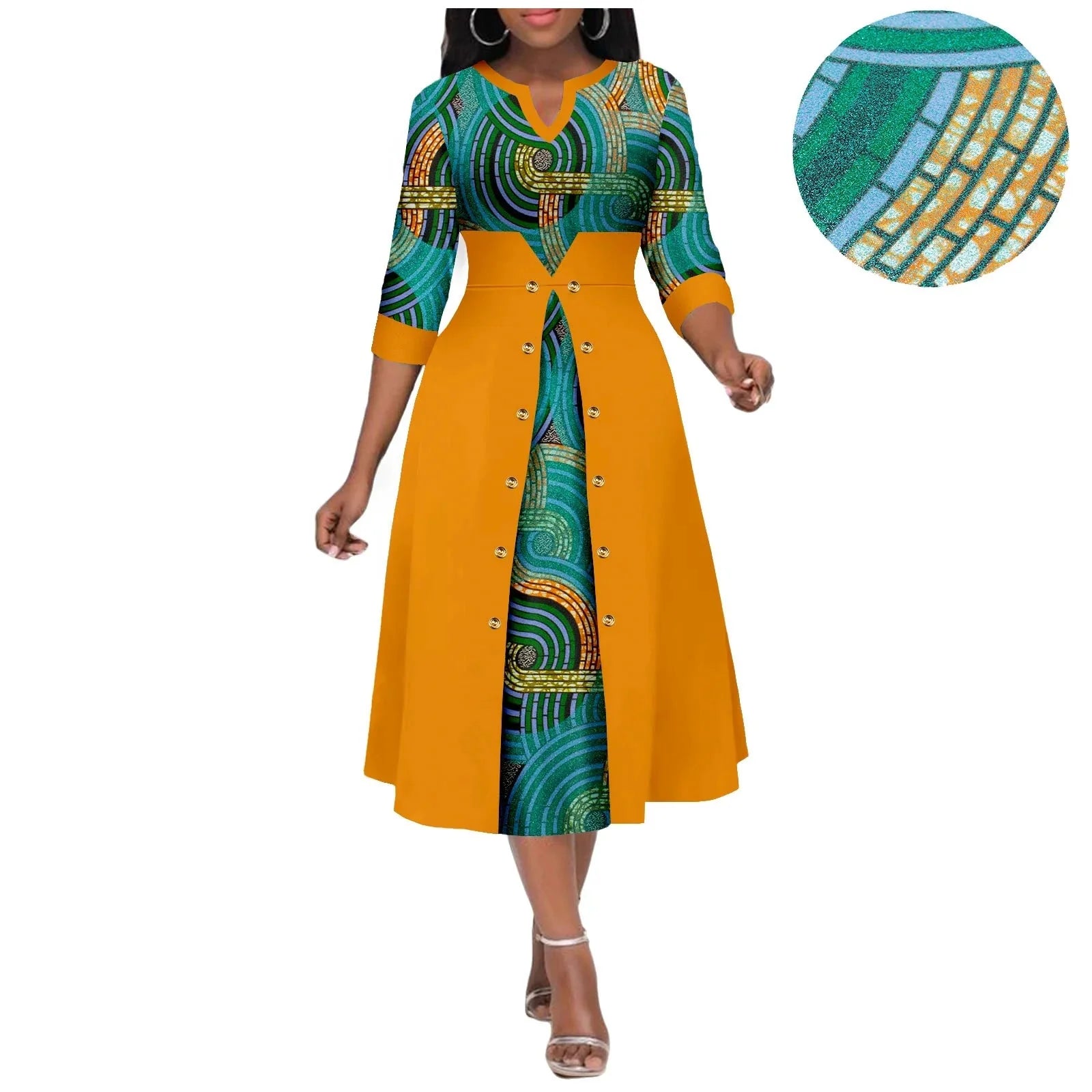 Women's Ankara print V-neck dress by SHOWLU FASHION STORE featuring cotton fabric and an A-line midi skirt style.