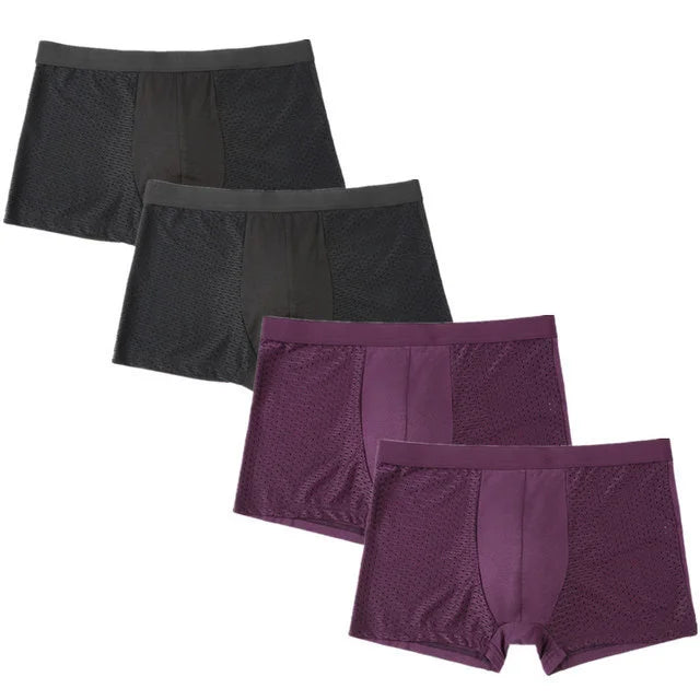 Showlu Men's Ice Silk Boxer Briefs in a 4-pack, breathable mesh underwear with a comfortable fit and lightweight fabric.