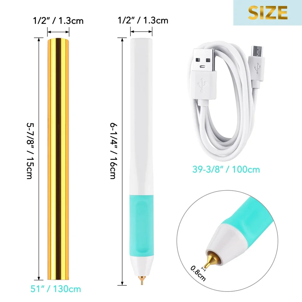 Showlu Smart General USB Hot Foil Pen with 0.8mm tip for DIY craft projects, shown in use on a crafting surface.