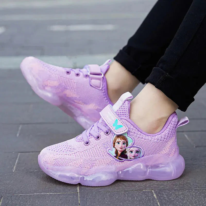 Pink Disney Frozen Elsa girls' mesh running shoes with breathable design and Frozen-themed details, perfect for active kids.