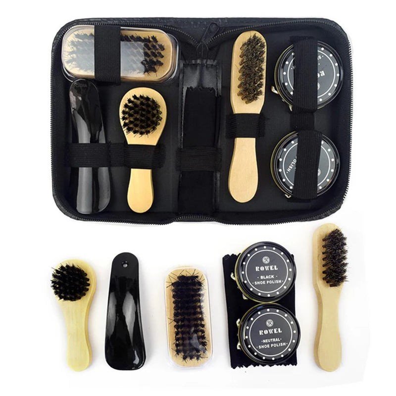 Showlu Smart General portable shoe cleaning kit with brushes, cloths, and cleaning tools on a white background.
