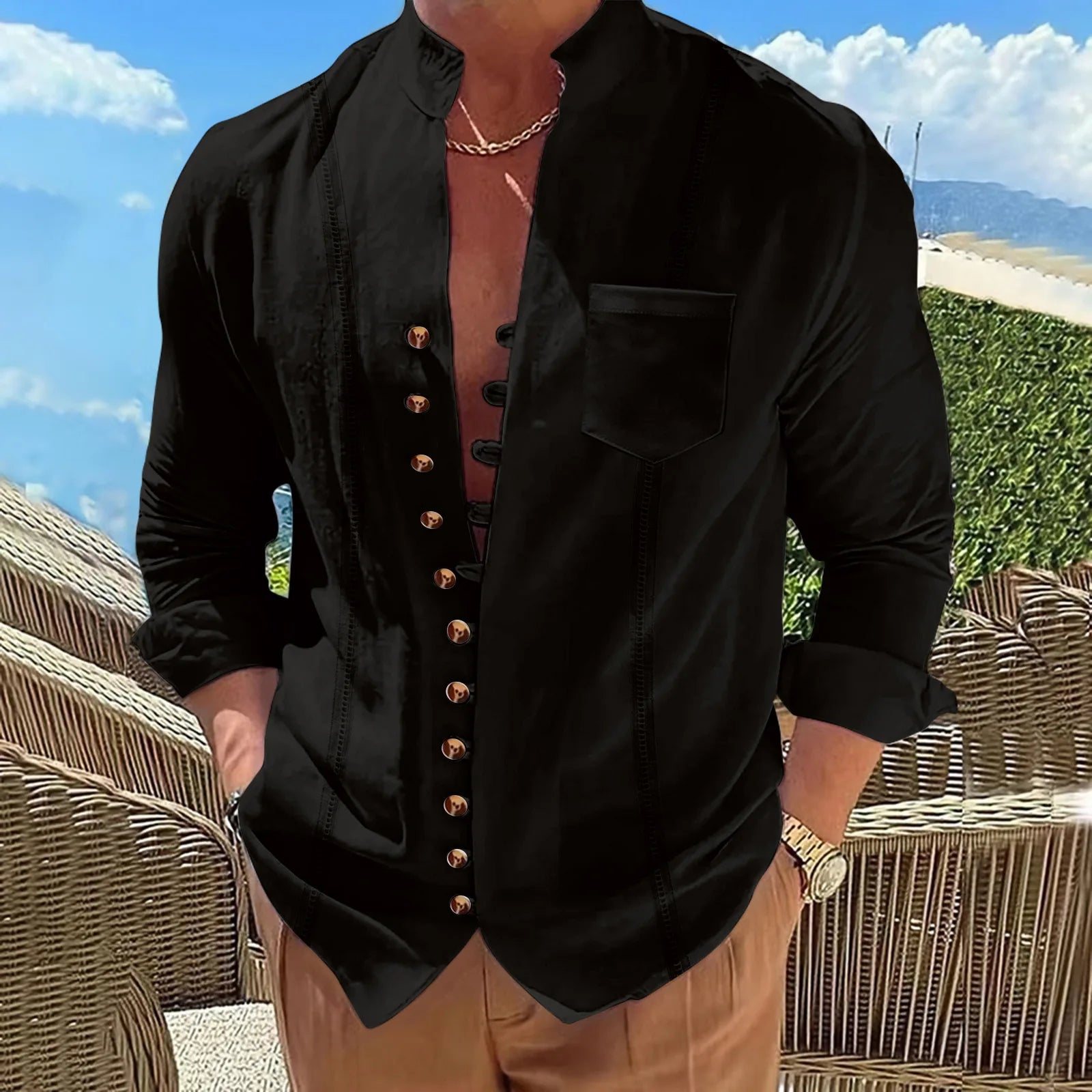 Men's cotton and linen long-sleeved shirt with stand-up collar, solid color and striped cardigan, casual retro style.