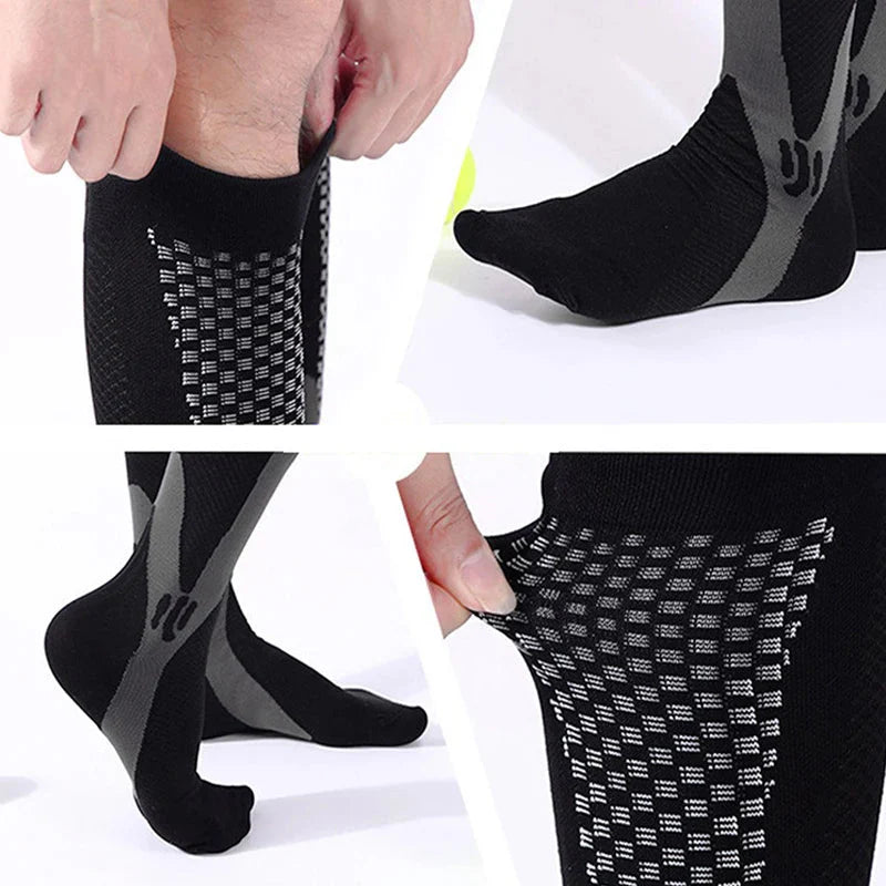 Showlu men's compression golf socks, knee-high nylon stockings with supportive fit, designed for active sports and outdoor wear.