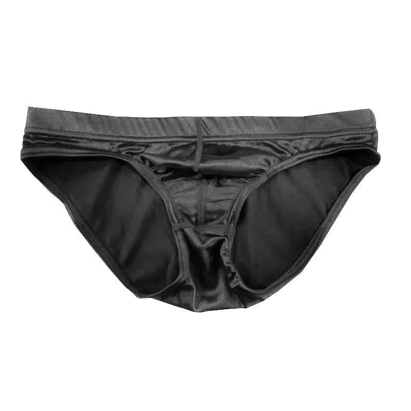 Men's satin silky briefs by Showlu Fashion, large size comfortable underwear, smooth, shiny fabric, close-up of the underwear's fabric and fit.