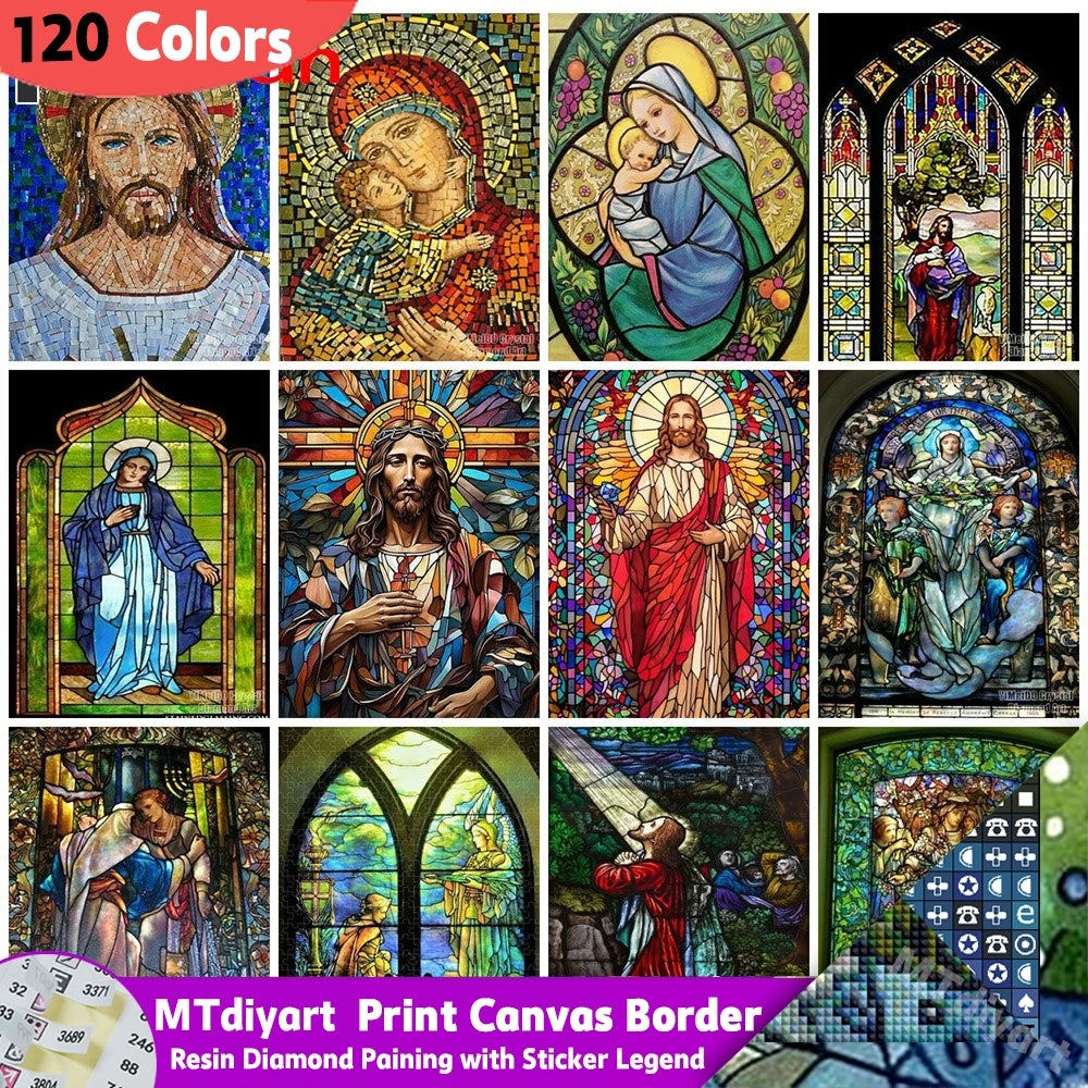 MTdiyart Jesus religious 5D diamond painting kit with full resin embroidery, detailed image showing colorful diamond design and tools.