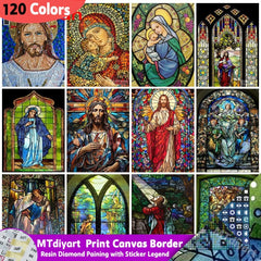 A collage of twelve religious-themed diamond painting kits featuring stained glass style art.