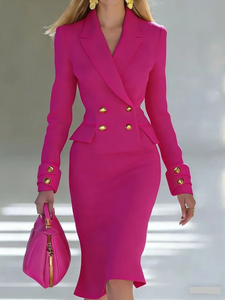 Showlu Women's double-breasted blazer dress with V-neck, elegant formal wear, tailored fit, and classic black color.