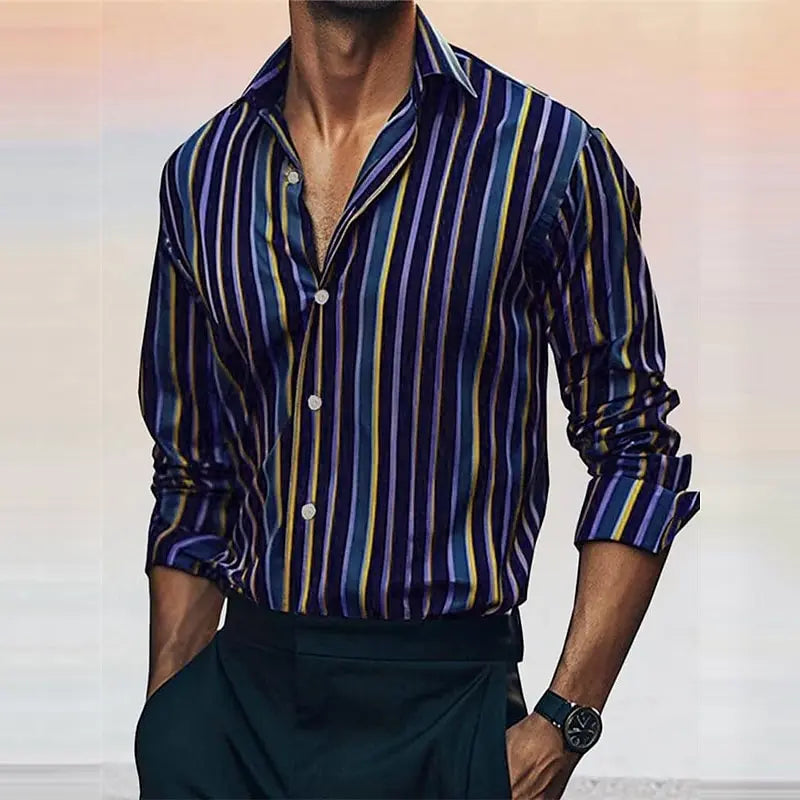 Men's striped casual shirt by Showlu Fashion with long sleeves, lapel collar, soft comfortable fabric, suitable for outdoor wear.