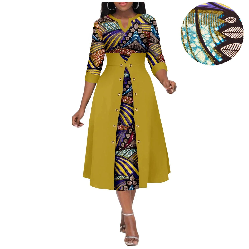 AFRIPRIDE women's Ankara print V-neck cotton A-line midi dress with a stylish flowy skirt, perfect for casual or special occasions.