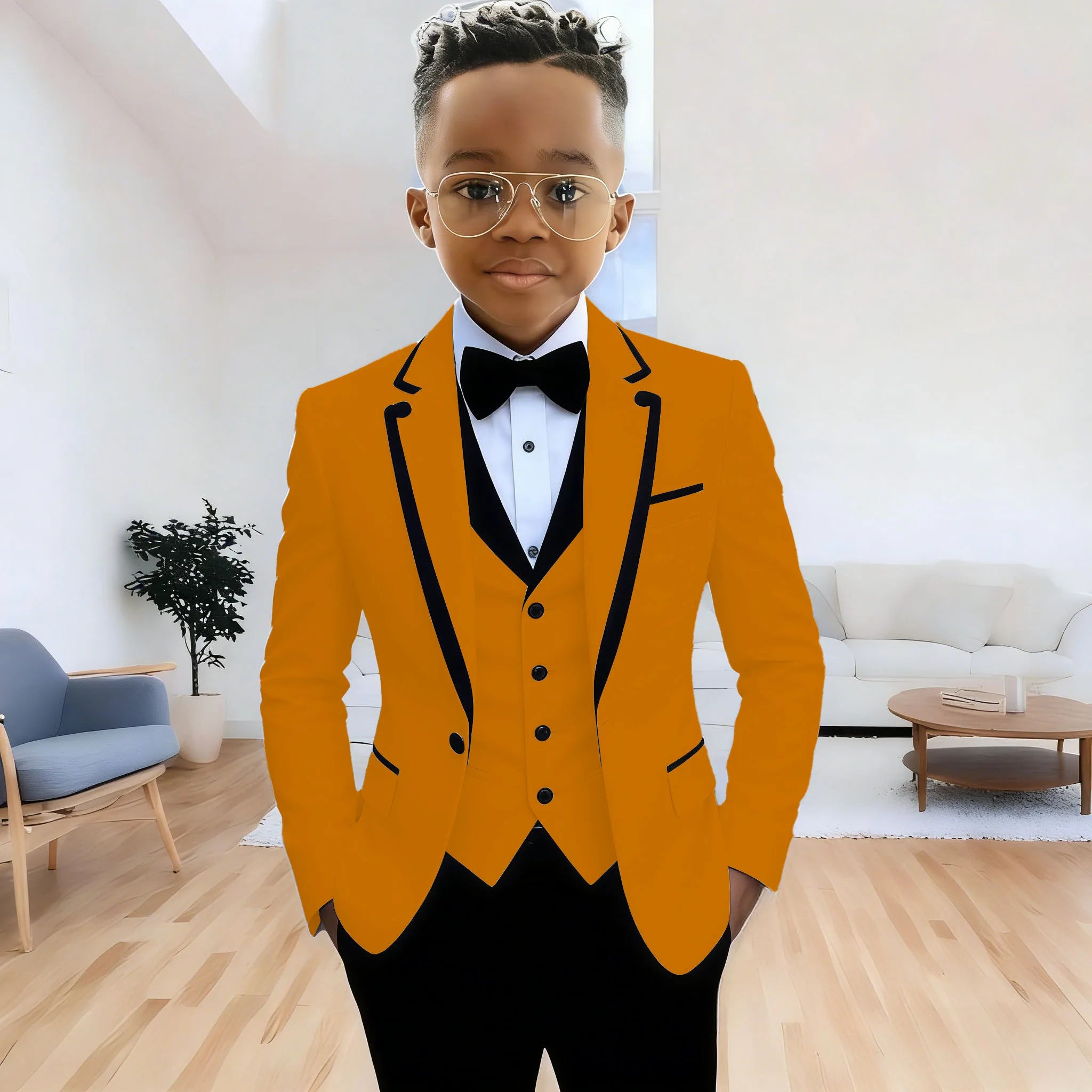 Showlu Smart General boys’ formal suit with navy blazer, matching pants and vest, featuring notched lapel for wedding or party wear.