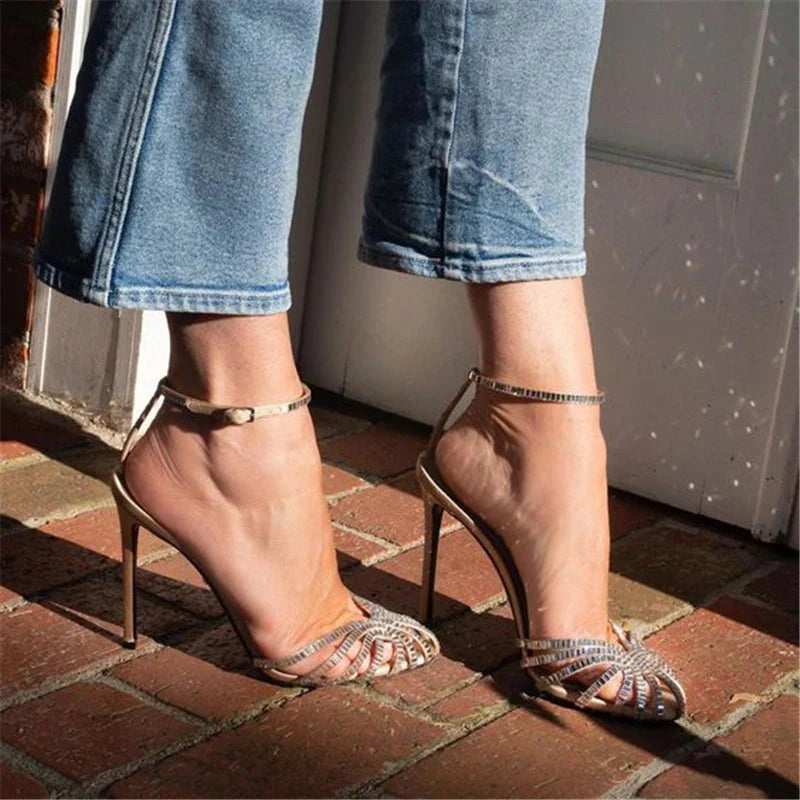 SHOWLU FASHION crystal gladiator sandals with high heels and ankle straps, featuring a sexy, stylish design.