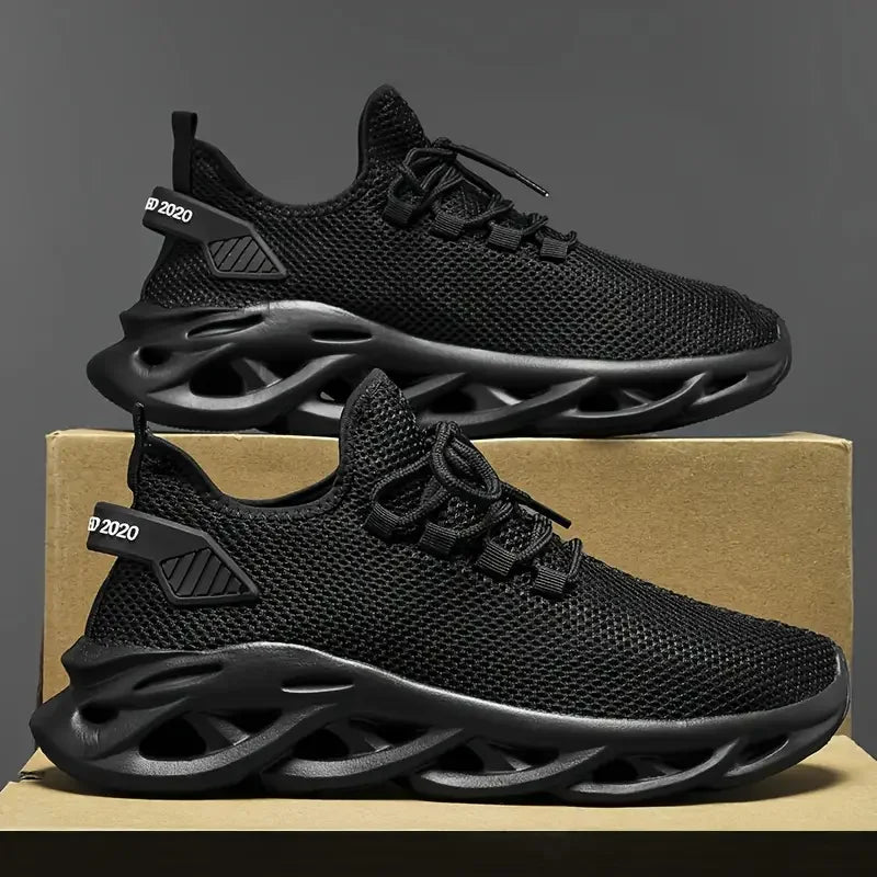 Black breathable men's casual sport shoes with lightweight mesh fabric, ideal for running, jogging, and outdoor walking.
