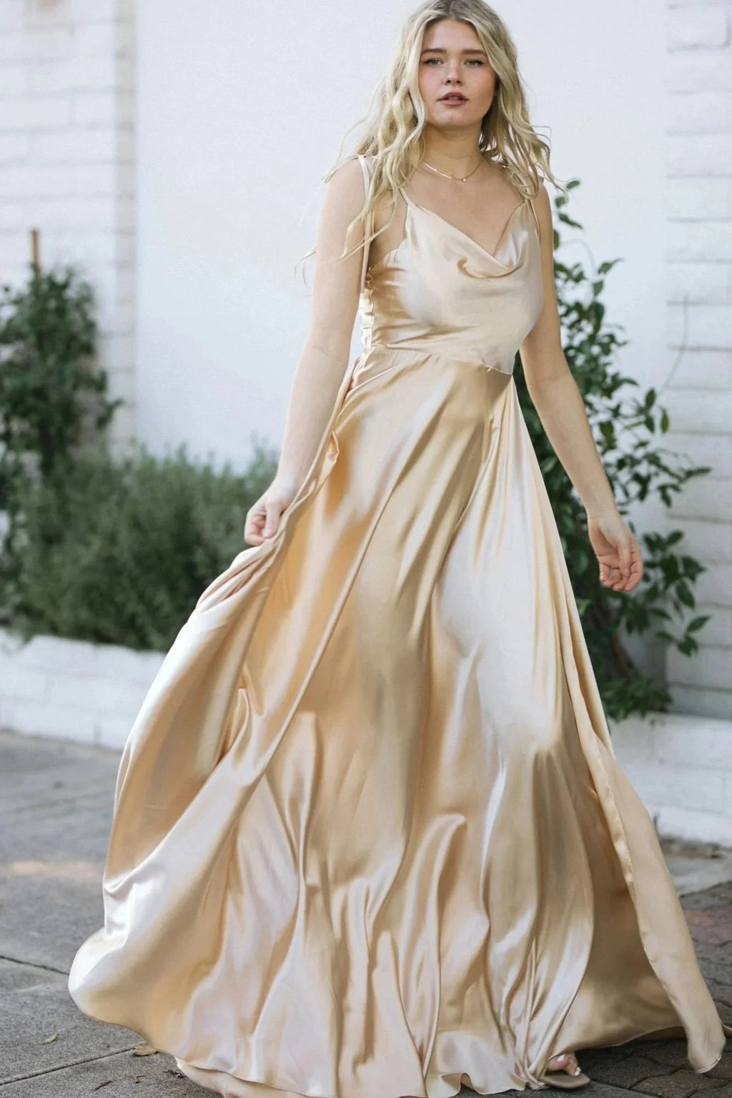 Elegant satin bridesmaid dress by SHOWLU FASHION STORE featuring a cowl neck, leg slit, and A-line silhouette.