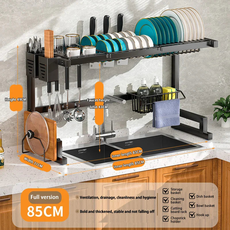 Stainless steel Showlu kitchen sink dish drain rack with utensil holder, featuring a sleek, modern design for drying dishes and utensils.