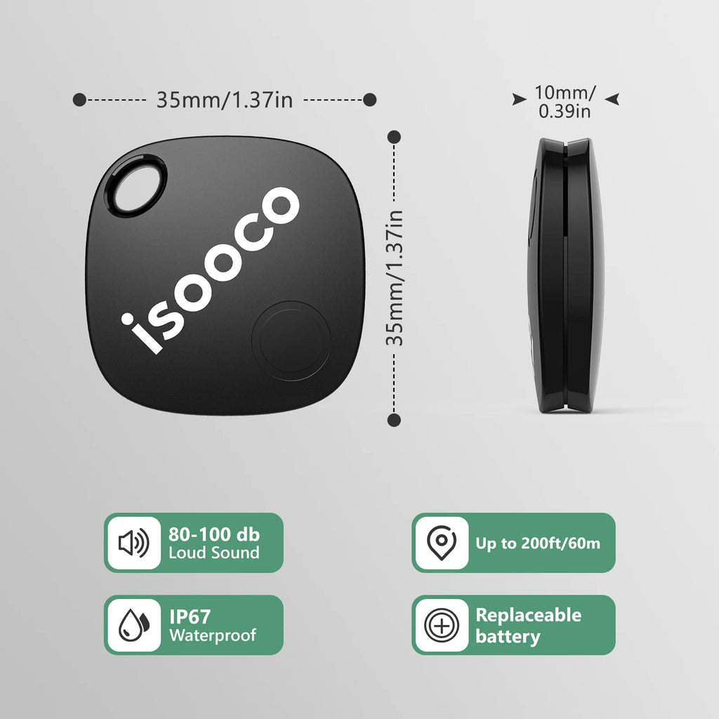 isooco Smart Key Finder by Showlu Smart, waterproof Bluetooth tracker for iOS, showing the device attached to keys.