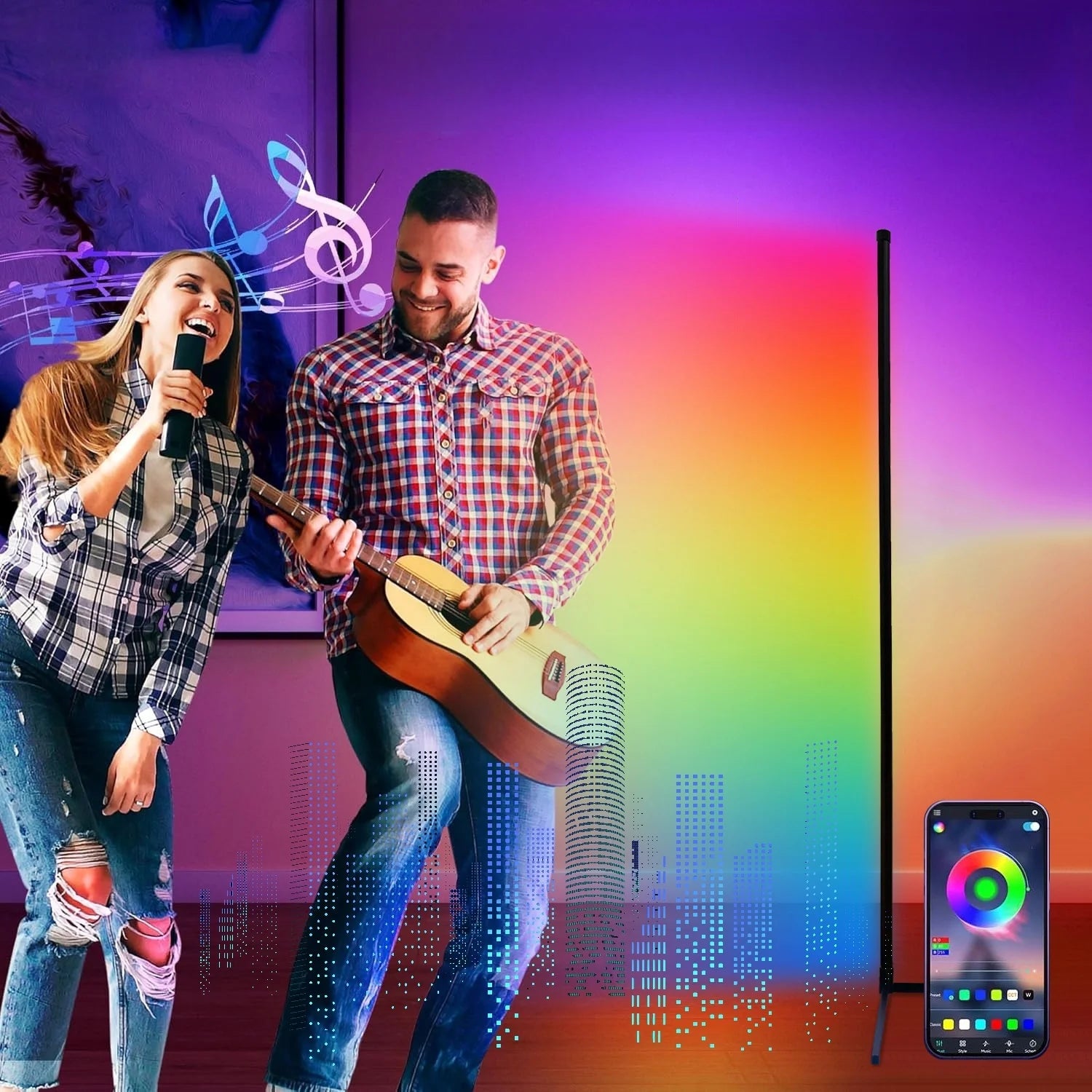 Showlu Smart RGB corner floor lamp with music sync features, showcasing its modern design and colorful LED lighting in a living room setting.
