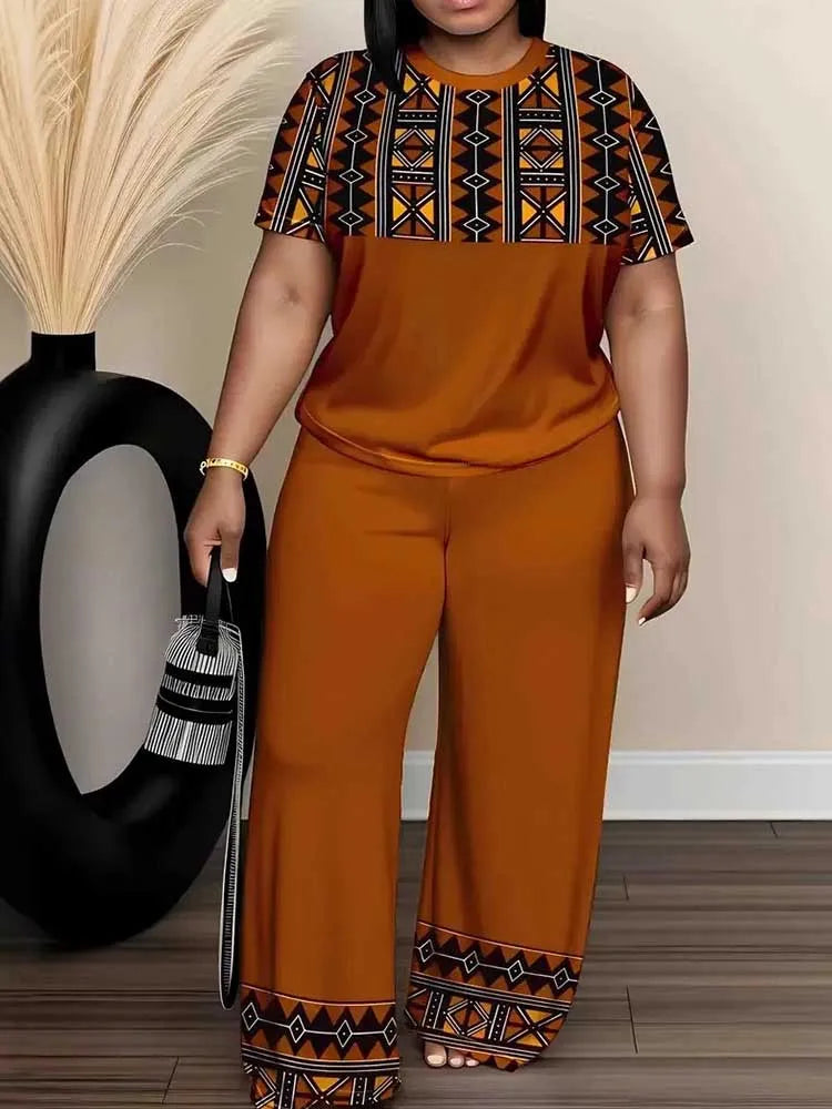 Summer casual streetwear outfit for women featuring a top and pants set, stylish plus size clothing from Showlu Fashion.