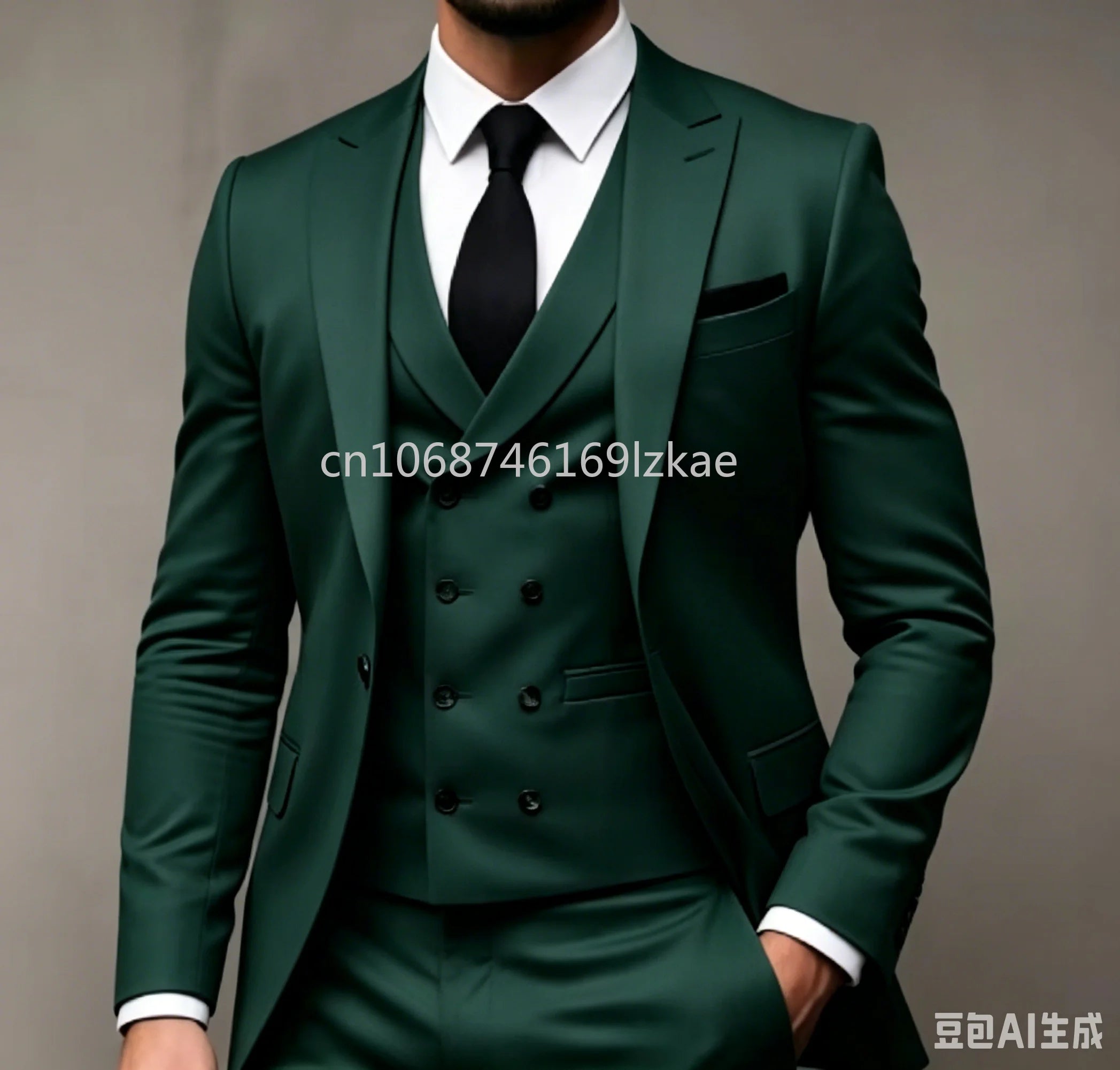 Green 3-piece men's suit by Showlu Fashion Store, perfect for wedding parties, featuring a tailored Americana style.