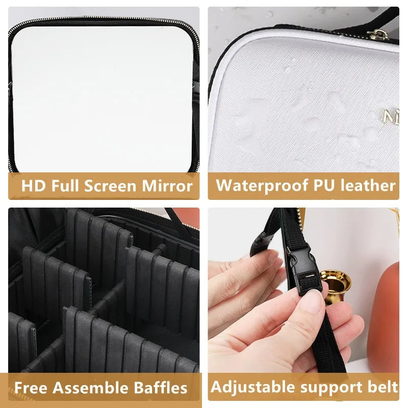 Showlu LED lighted cosmetic case made of waterproof PU leather, stylish makeup bag with built-in illumination for easy makeup application.