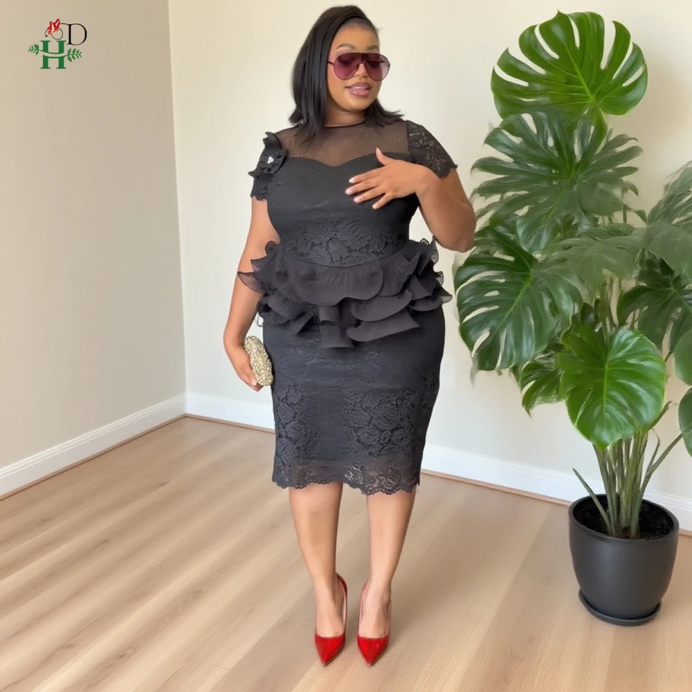 African women's dress by Showlu Fashion Store, summer casual Ankara gown with falbala details for wedding, office, or party wear.