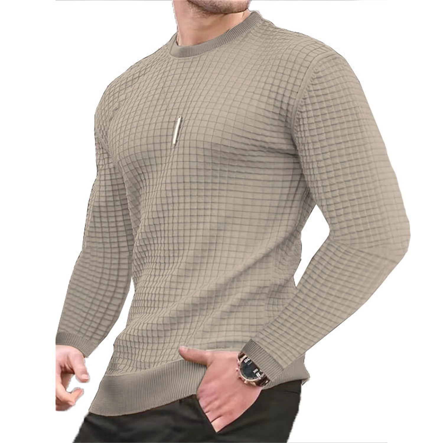 Men's check hoodie with waffle texture and round neck by Showlu Fashion, featuring a stylish small check jacquard design.