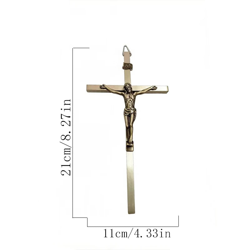 Showlu Metal Wall Crucifix cross with INRI inscription, featuring a detailed Jesus Christ Catholic decor for wall display