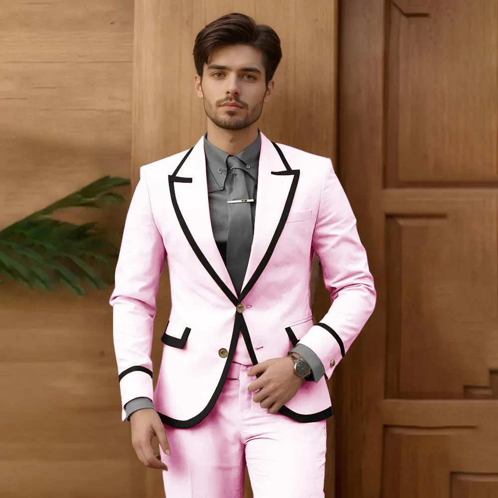 Beige men's fashion suit 2-piece set with single-breasted blazer and slim-fit pants, ideal for grooms and formal occasions.