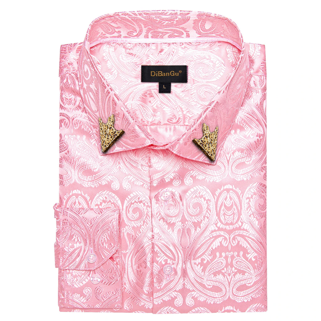 Men's patterned brocade shirt with gold crown collar accents, ideal for luxury galas and formal weddings, by Showlu Fashion.