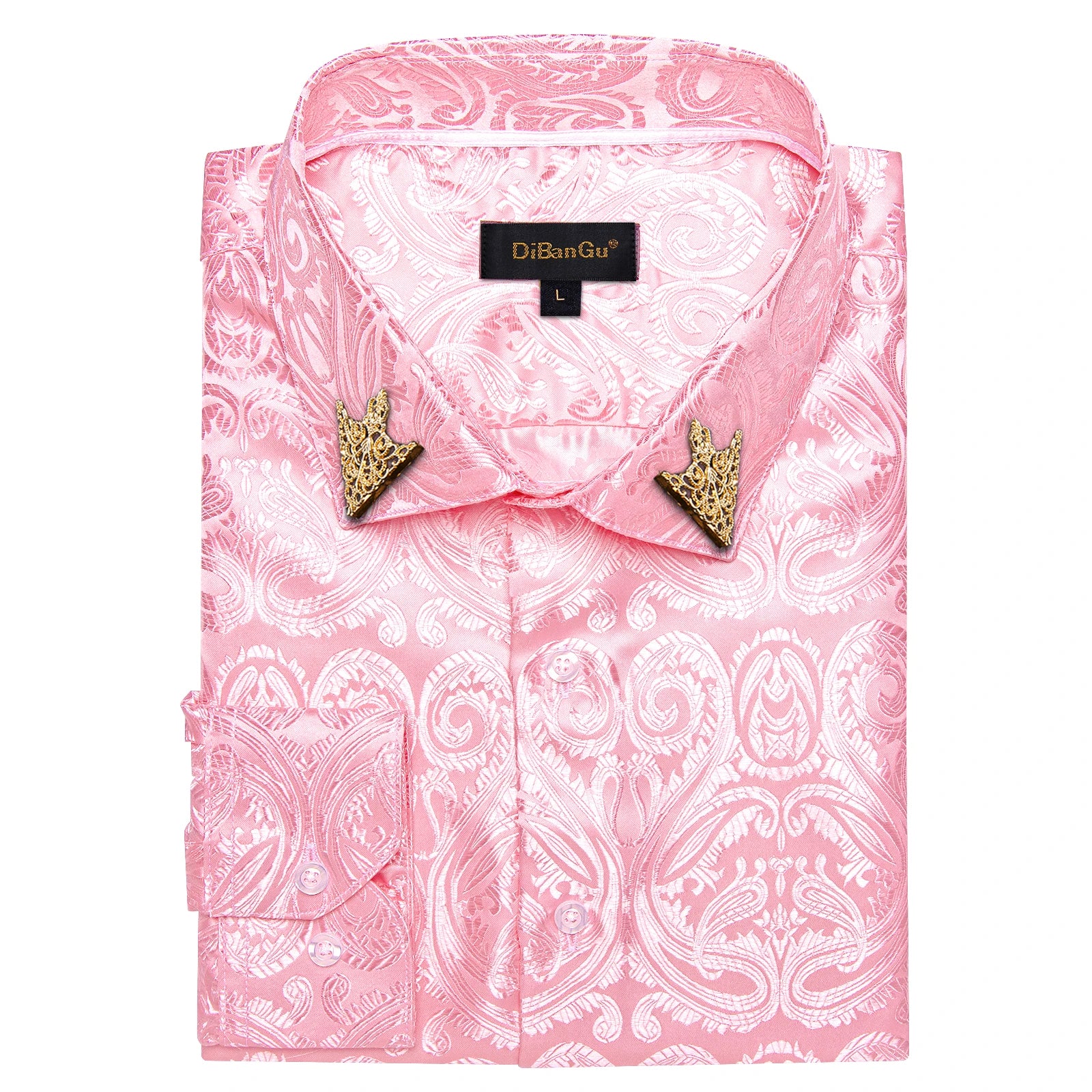 Men's patterned brocade shirt with gold crown collar accents, ideal for luxury galas and formal weddings, by Showlu Fashion.