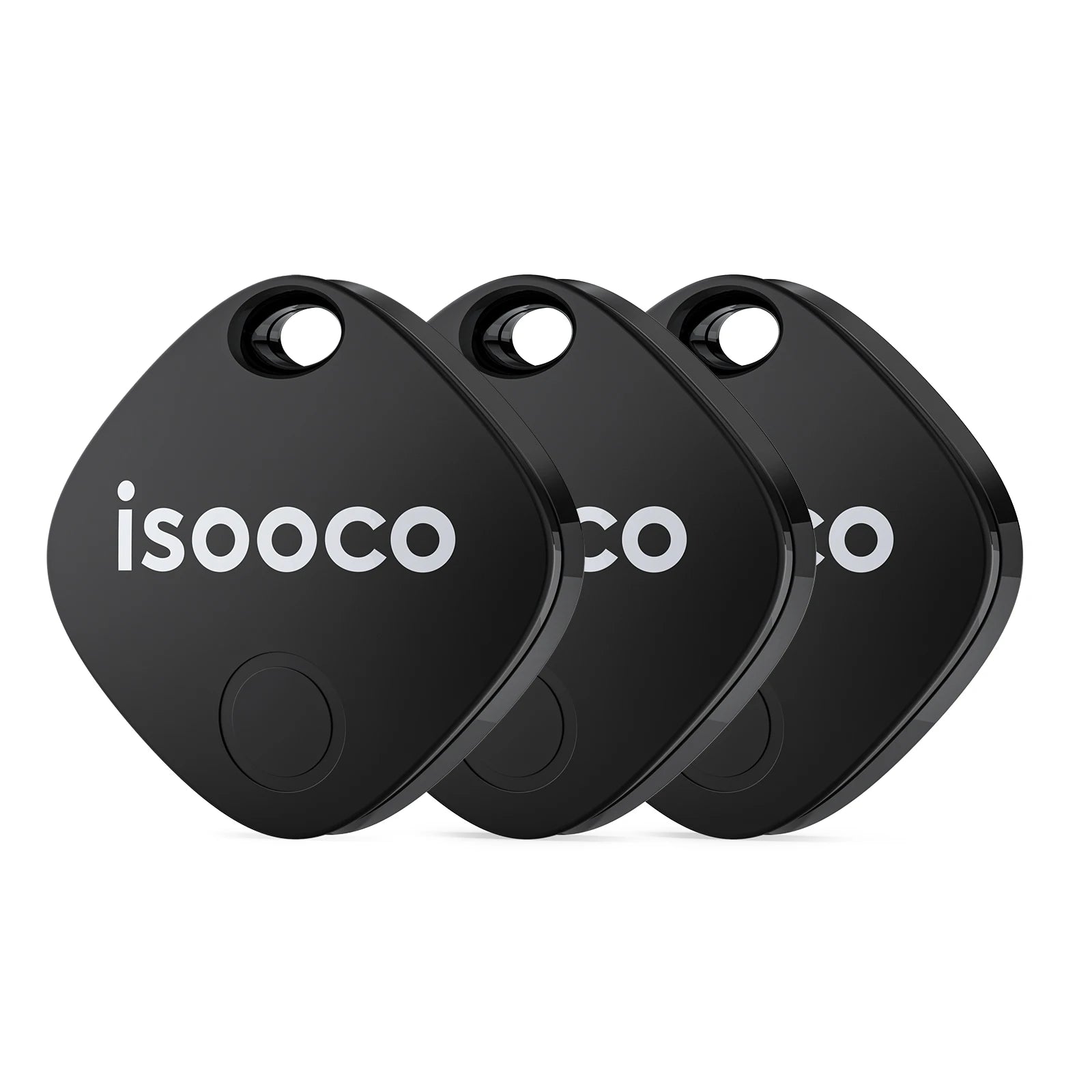 Isooco Smart Key Finder by Showlu Smart General, waterproof Bluetooth tracker for iOS, showing compact device with keyring attachment.