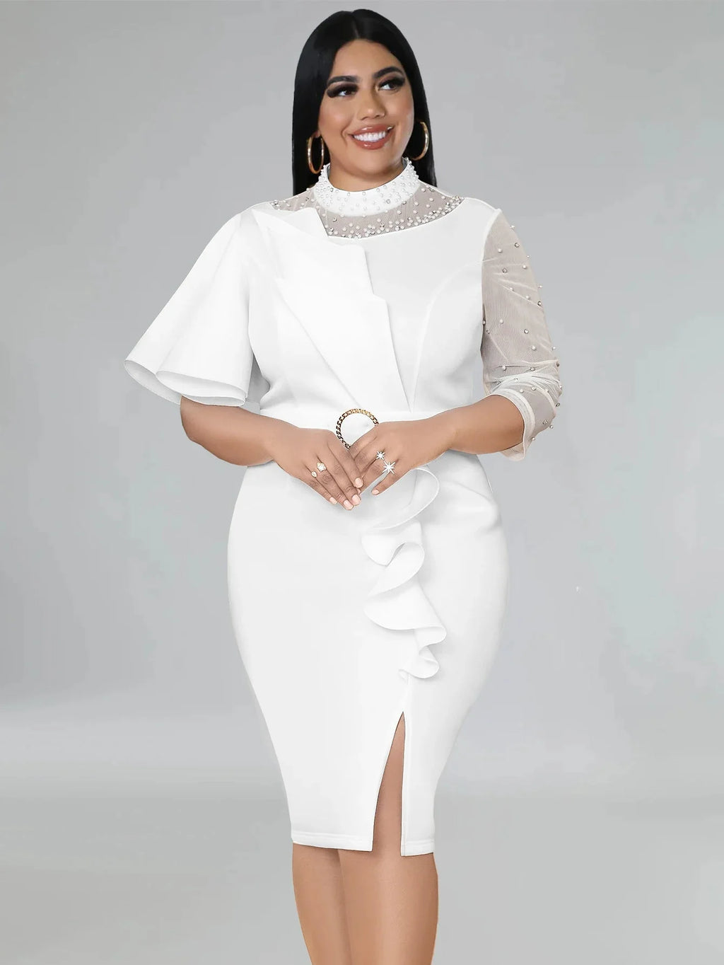 White plus size peplum bodycon dress with beaded details, stylish women's party gown by SHOWLU FASHION STORE.