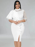 White plus size peplum bodycon dress with beaded details, stylish women's party gown by SHOWLU FASHION STORE.