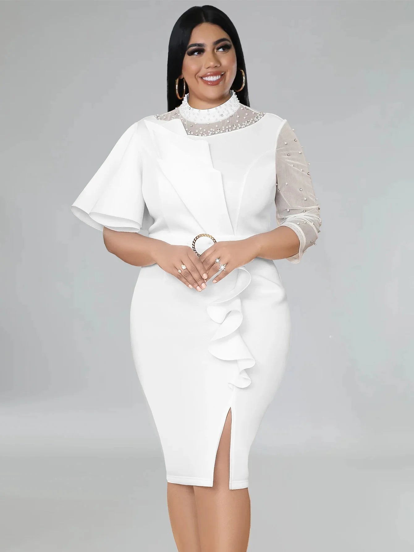 White plus size peplum bodycon dress with beaded details, stylish women's party gown by SHOWLU FASHION STORE.