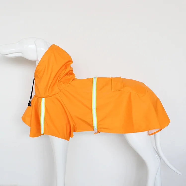 Large Showlu dog raincoat with reflective waterproof hooded cloak, designed for outdoor protection and visibility in rainy weather