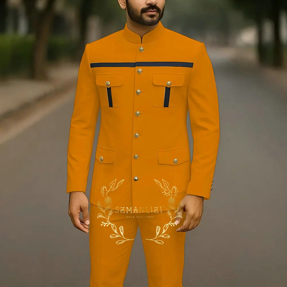 Elegant white men's suit with stand collar, single-breasted jacket and matching pants, suitable for business, weddings, and parties.