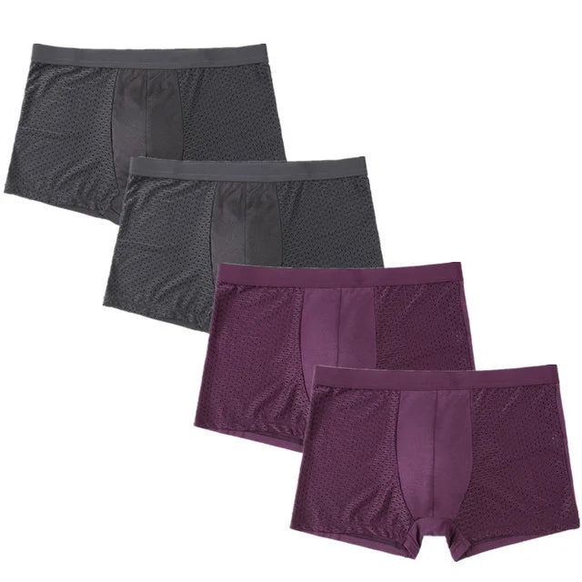 Showlu Men's Ice Silk Boxer Briefs in 4-pack, breathable mesh underwear with a snug fit and smooth fabric for comfort.