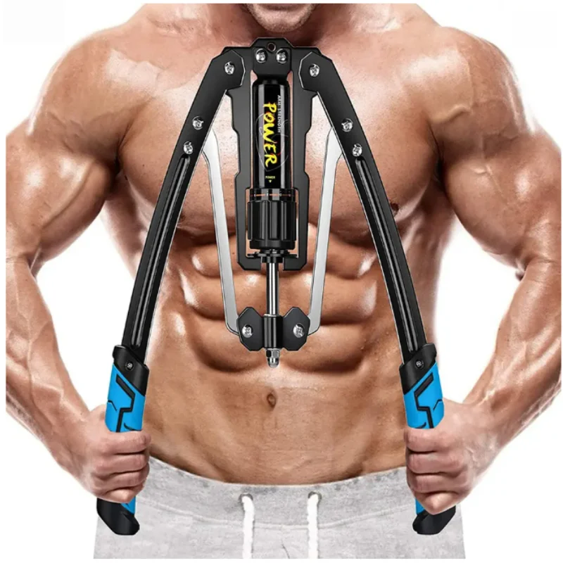 Showlu Adjustable Hydraulic Arm Strength Trainer for chest and muscle exercises, featuring a sturdy black hydraulic arm with handles.