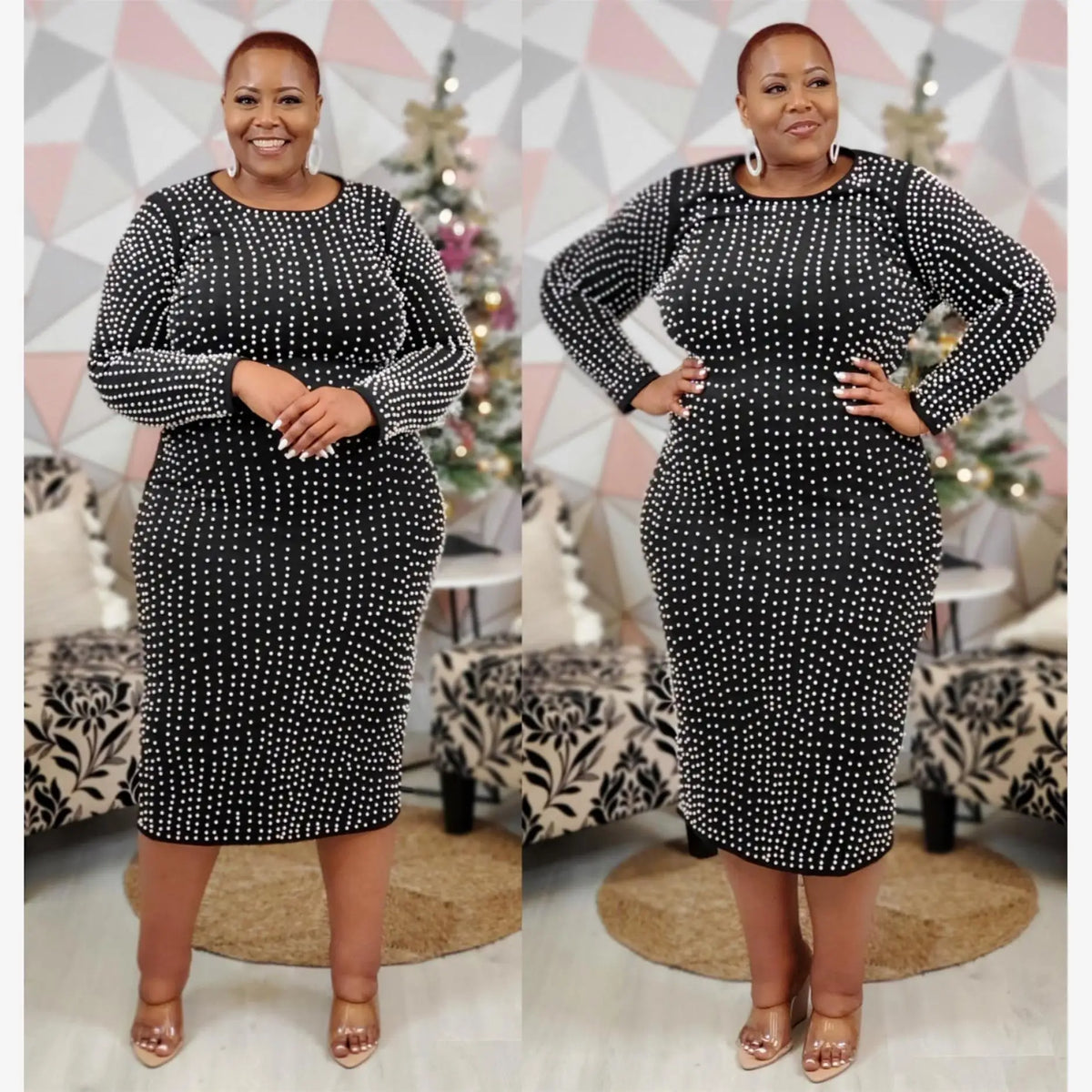 Plus size Showlu Fashion women's A-line knee-length long sleeve dress, stylish and comfortable for a fashionable look.