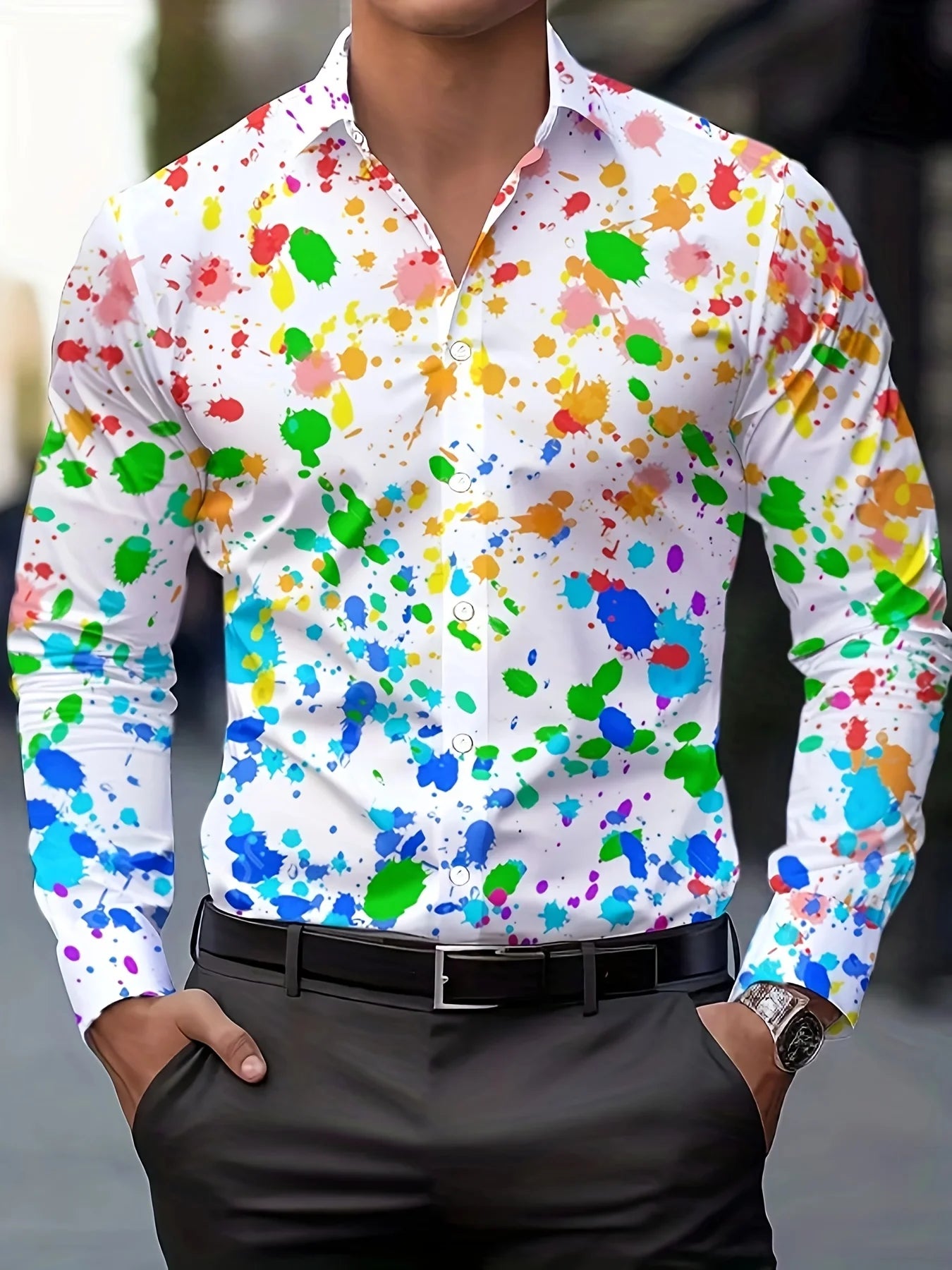 Men's stylish casual long sleeve shirt by Showlu Fashion, breathable fabric, gradient design, turn-down collar, ideal for business or casual wear.