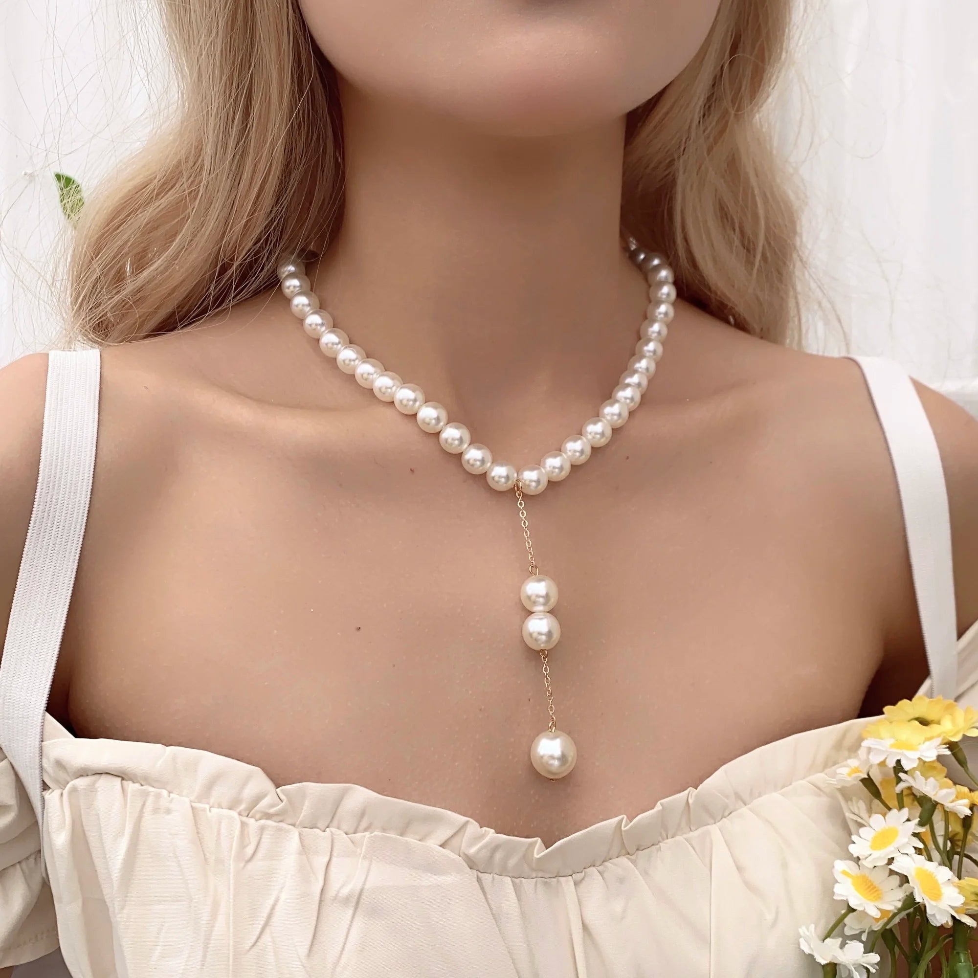 Baroque simulated pearl long tassel pendant necklace with beaded link chain, elegant lariat style jewelry for women.